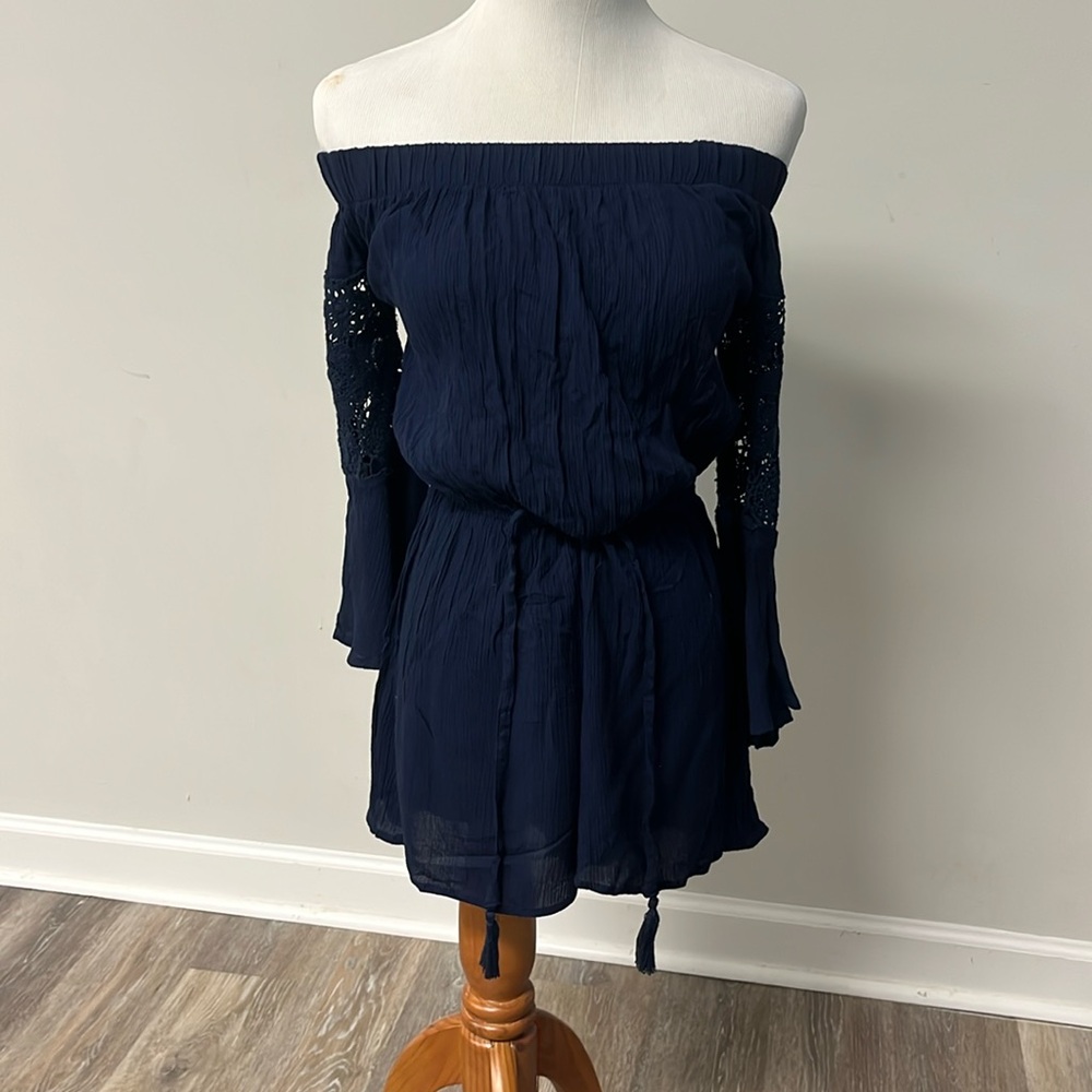 Navy Hint of Blush Off-Shoulder Romper with Lace Sleeves